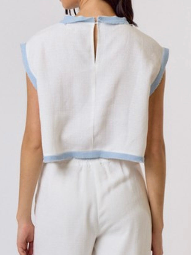 Ivory Blue Textured Pocket Detail Blouse
