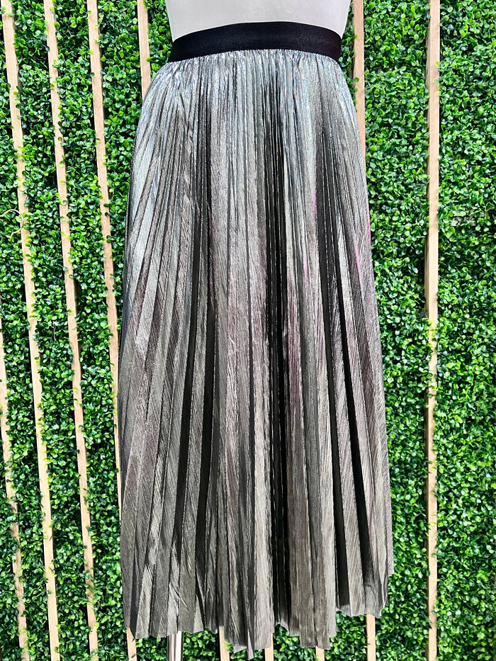 Metallic Pleated Midi Skirt