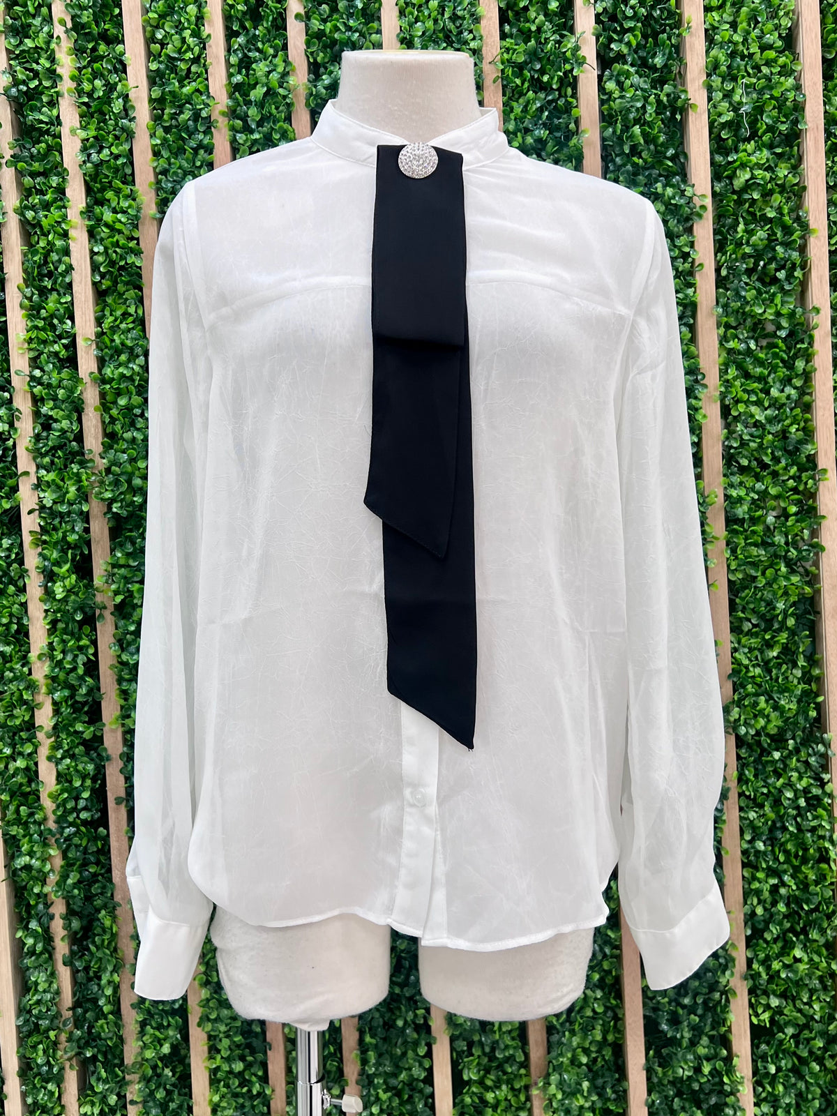 Rhinestone Accent Tie Blouse