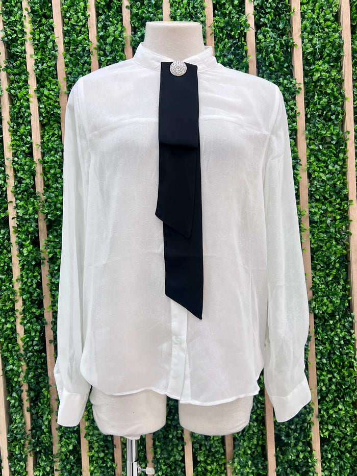 Rhinestone Accent Tie Blouse