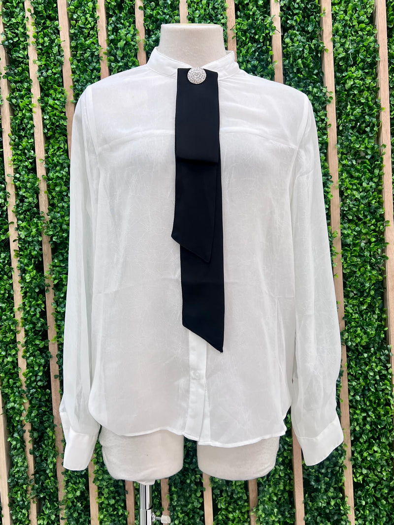 Rhinestone Accent Tie Blouse