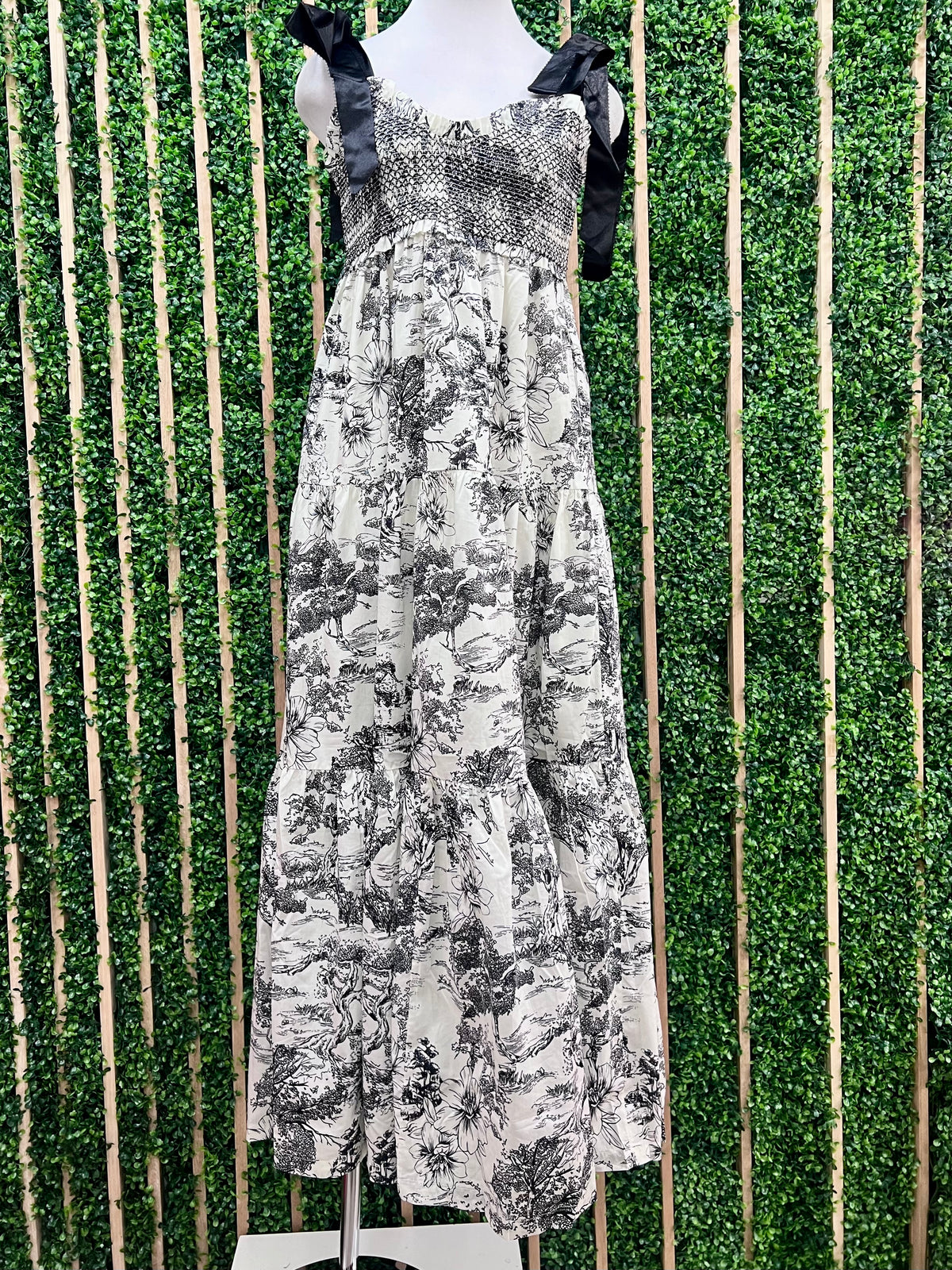 Romantic Black Ivory Smocked Bodice Maxi Dress