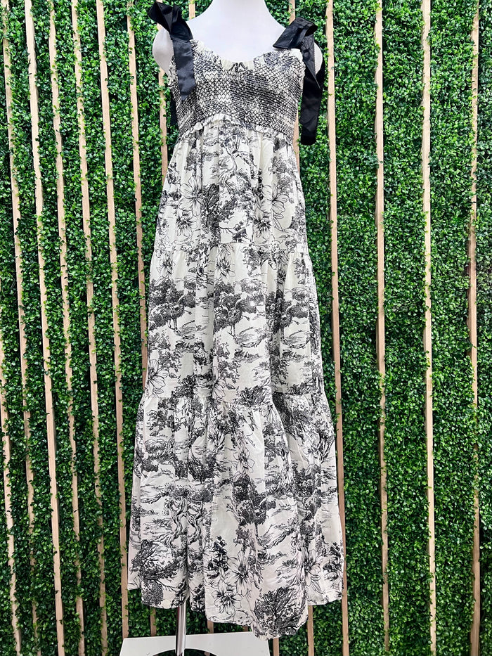 Romantic Black Ivory Smocked Bodice Maxi Dress