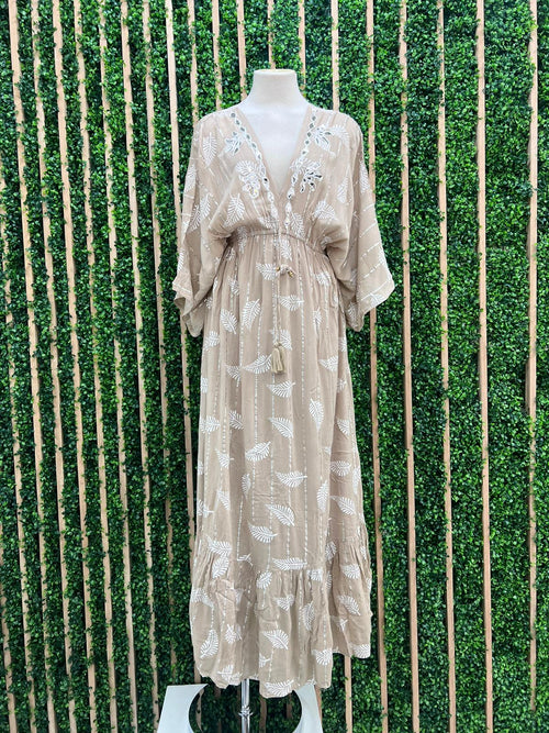 Beige Leaves Tiered Kimono Maxi Dress