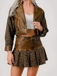 Pleather Detail Leopard Skirt