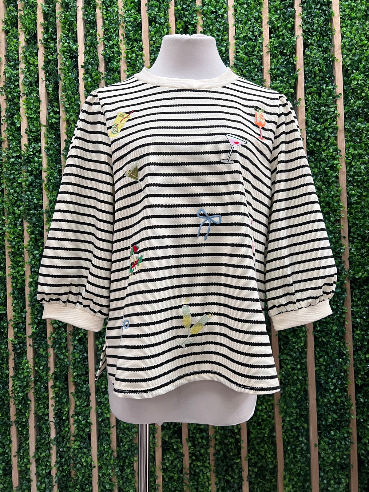 Black White Stripe Cocktails Embroidered Shirt