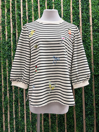 Black White Stripe Cocktails Embroidered Shirt