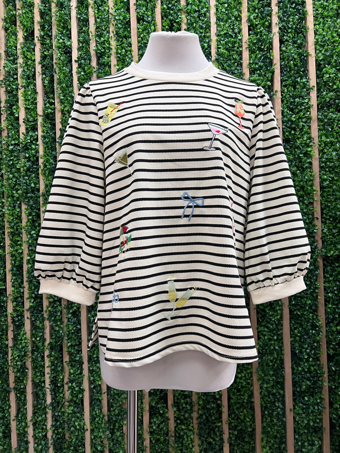 Black White Stripe Cocktails Embroidered Shirt