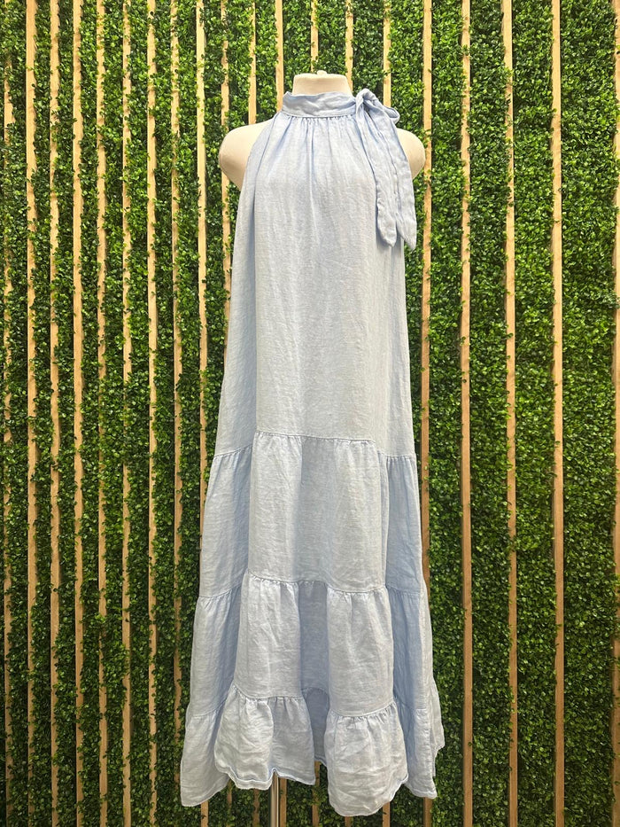 Neck Tie Tiered Linen Dress