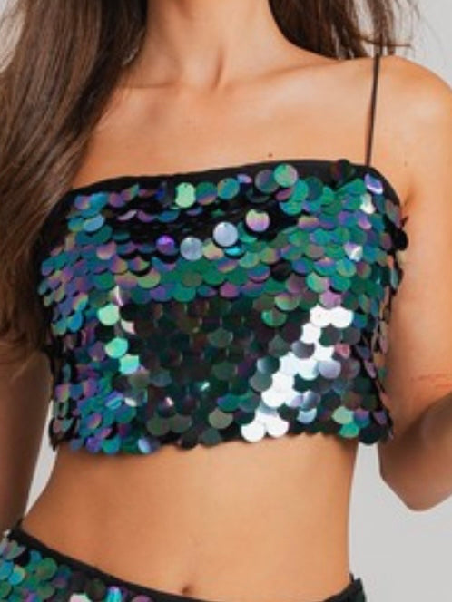 Black Mermaid Sequin Crop Top