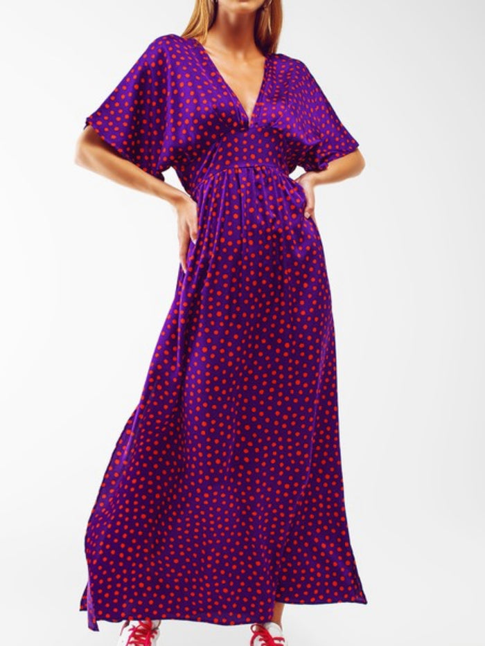 Purple Polka V Neck Maxi Dress