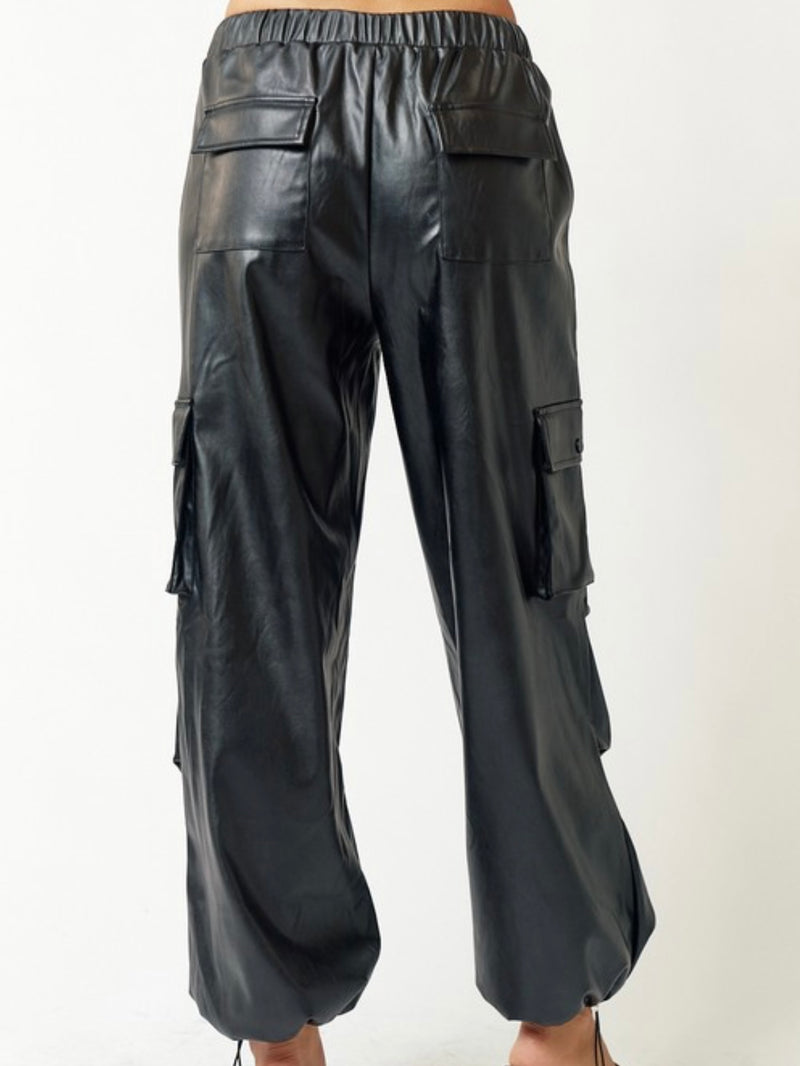 Black Pleather Parachute Cargo Pants