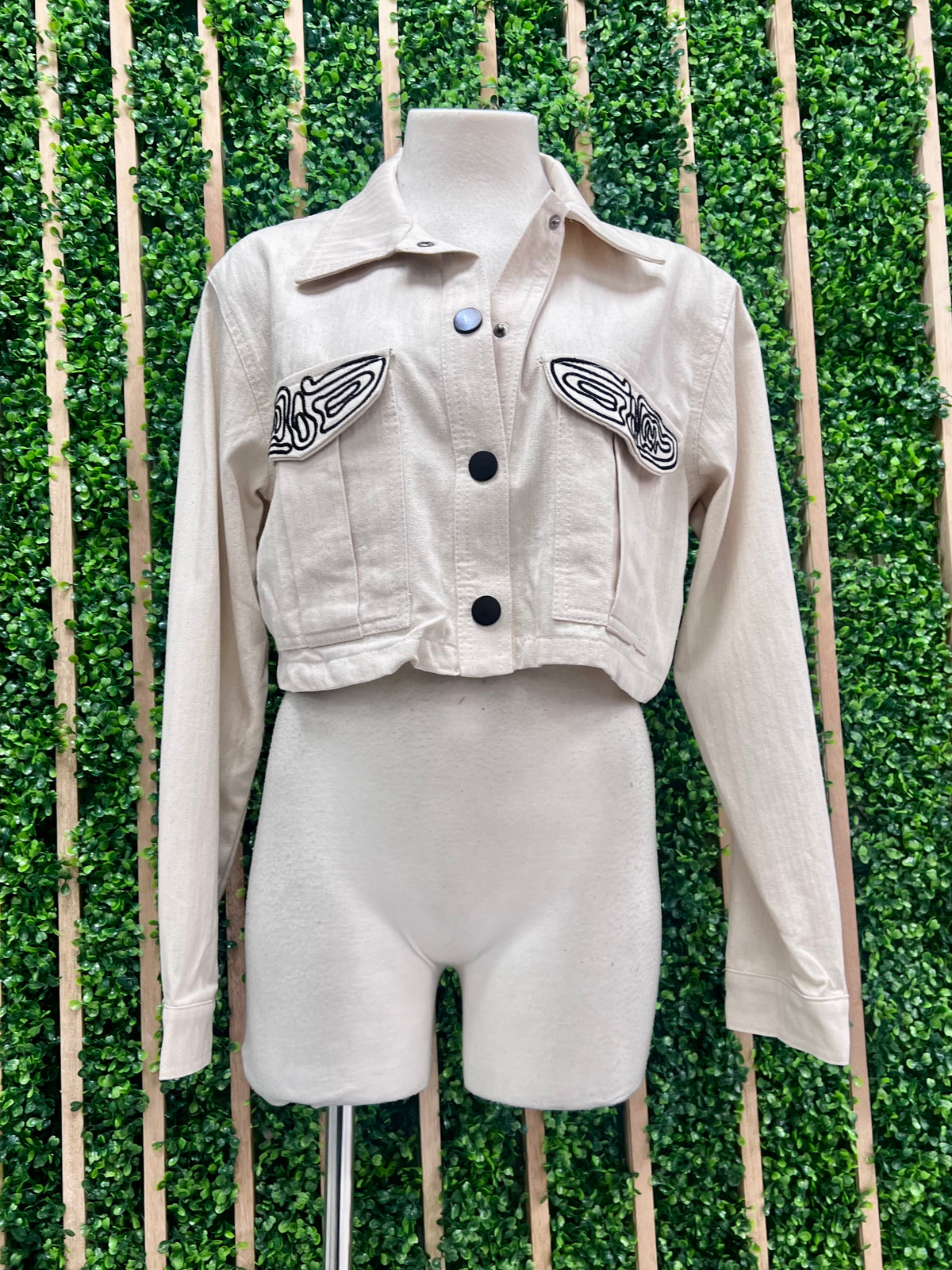 Beige Embroidered Crop Jacket