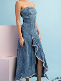 Strapless Ruffled Midi Denim Dressi