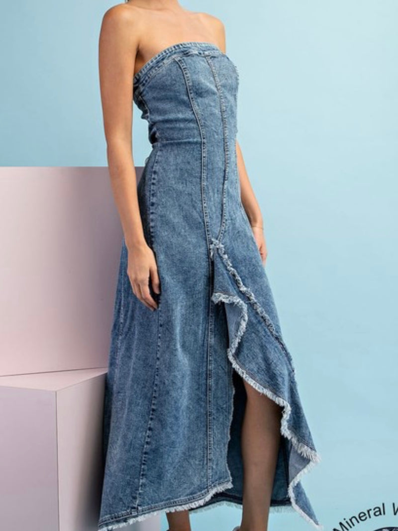 Strapless Ruffled Midi Denim Dressi