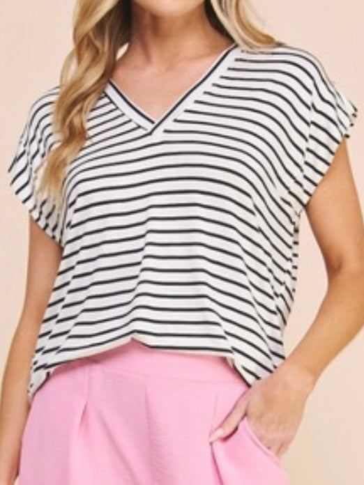 White Black Striped V Neck Top