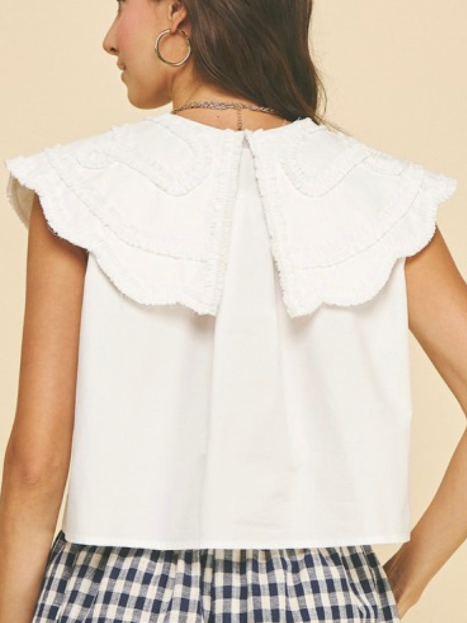 White Ruffle EMbroidered Peter Pan Collar Blouse