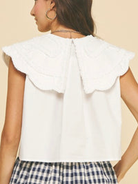 White Ruffle EMbroidered Peter Pan Collar Blouse