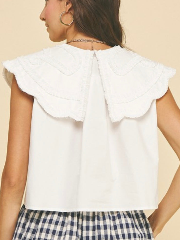 White Ruffle EMbroidered Peter Pan Collar Blouse