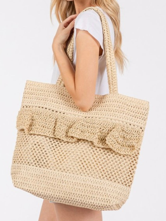 Ruffle Detail Crochet Straw Bag