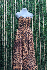 Exquisite Rhinestone Trim Leopard Bustier Midi Dress