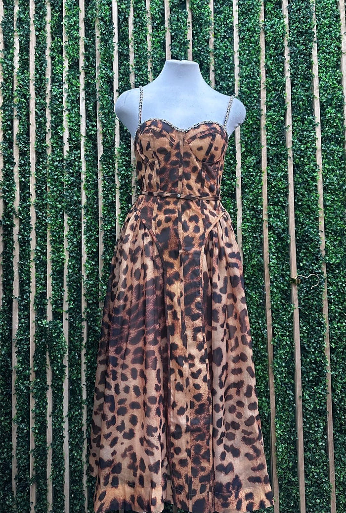 Exquisite Rhinestone Trim Leopard Bustier Midi Dress
