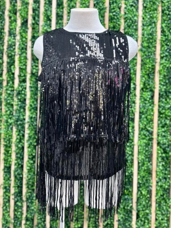 Black Sequin Fringe Top