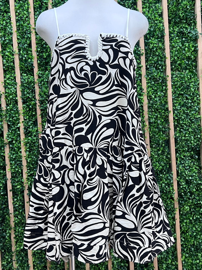 Swirl Print Cutout Front White Stitch Detail Drop Waist Short Dress