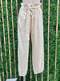 Cream Cinched Waist Denim Jogger