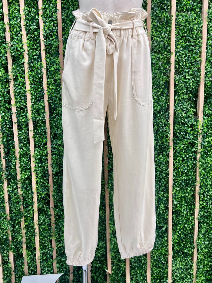 Cream Cinched Waist Denim Jogger