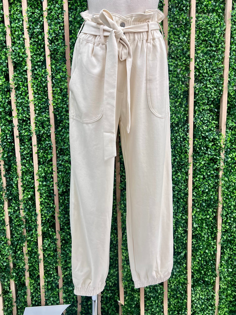 Cream Cinched Waist Denim Jogger