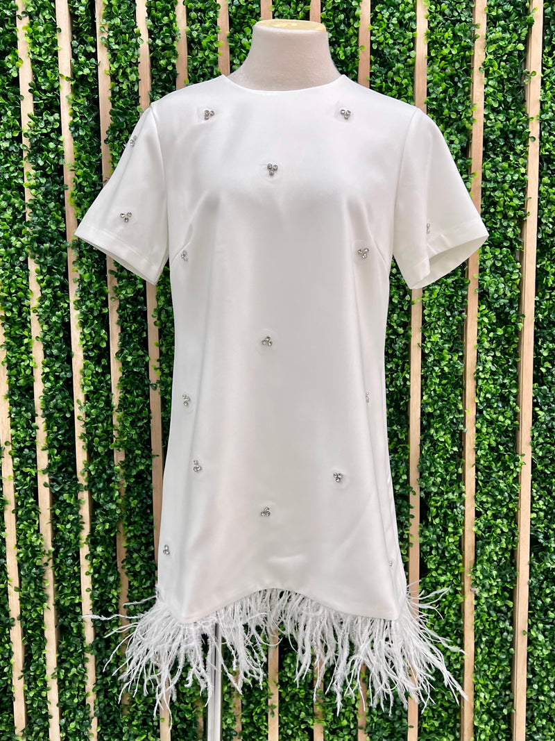 Rhinestone Detail Feather Trim Shirt Dress