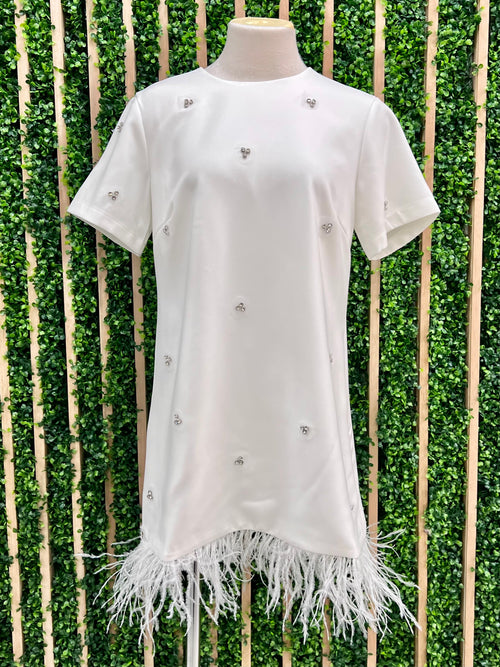 Rhinestone Detail Feather Trim Shirt Dress