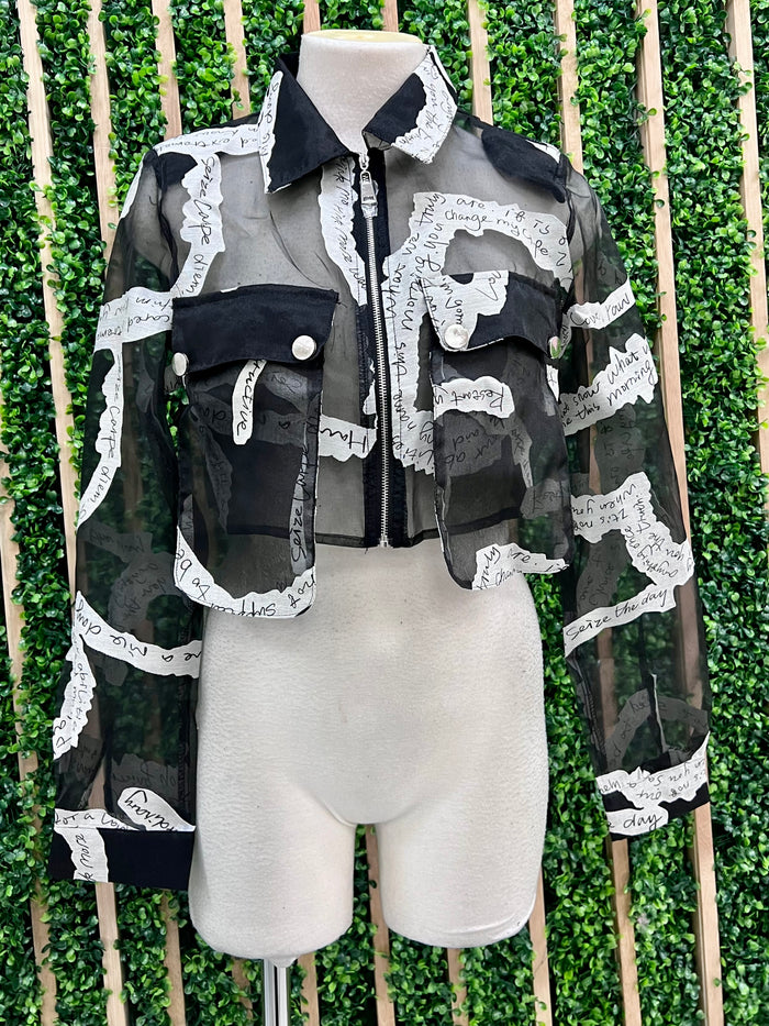 Letters Organza Crop Button Down Blouse