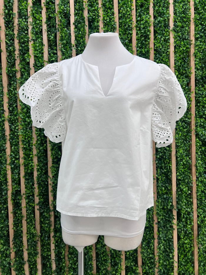 White V Neck Eyelet Sleeve Blouse