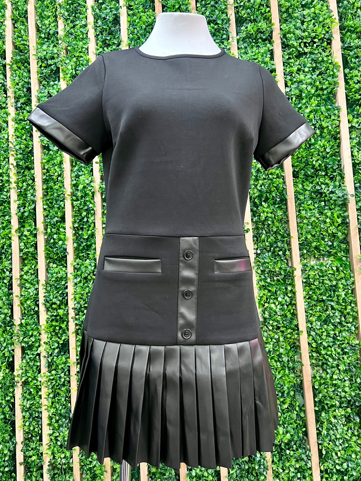 Black Pleated Faux Leather Contrast Short Dress