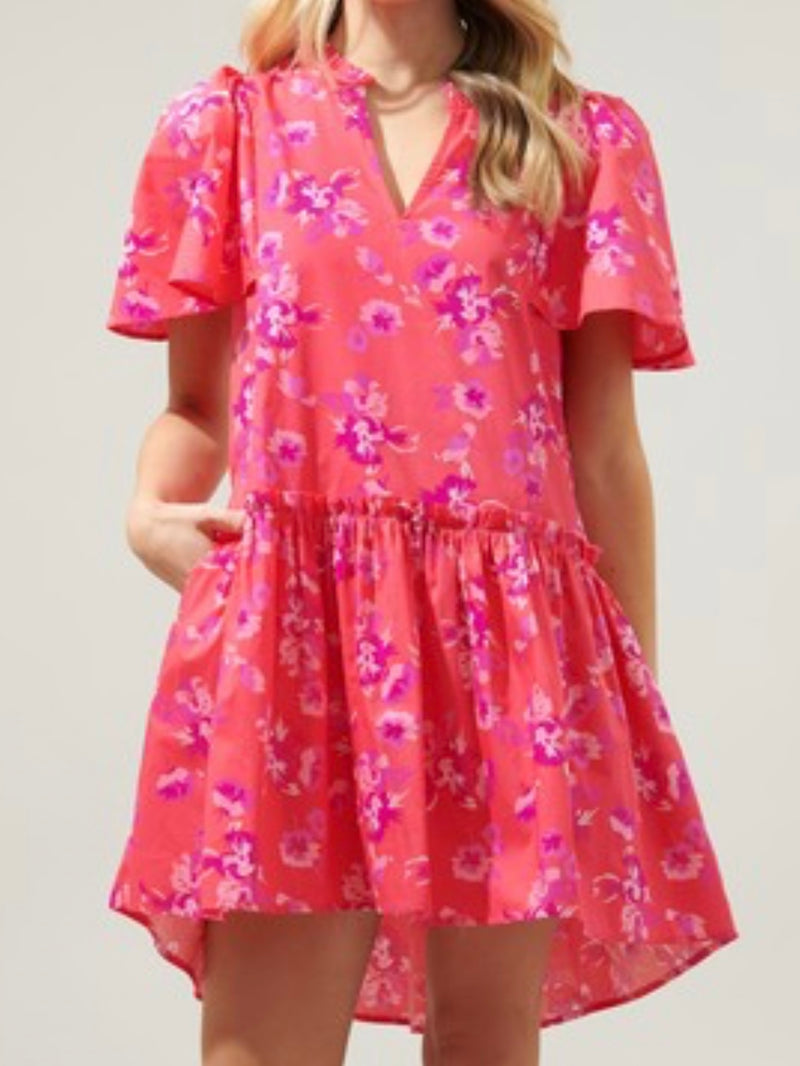 Strawberry Red Print Tiered Short Dress