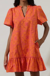 Orange Vines Split Neck  A Line Short Dress