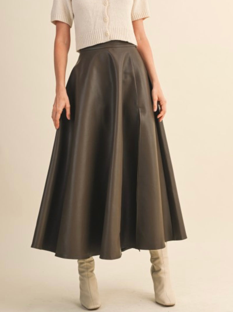 Side Slit Pleather Midi Skirt