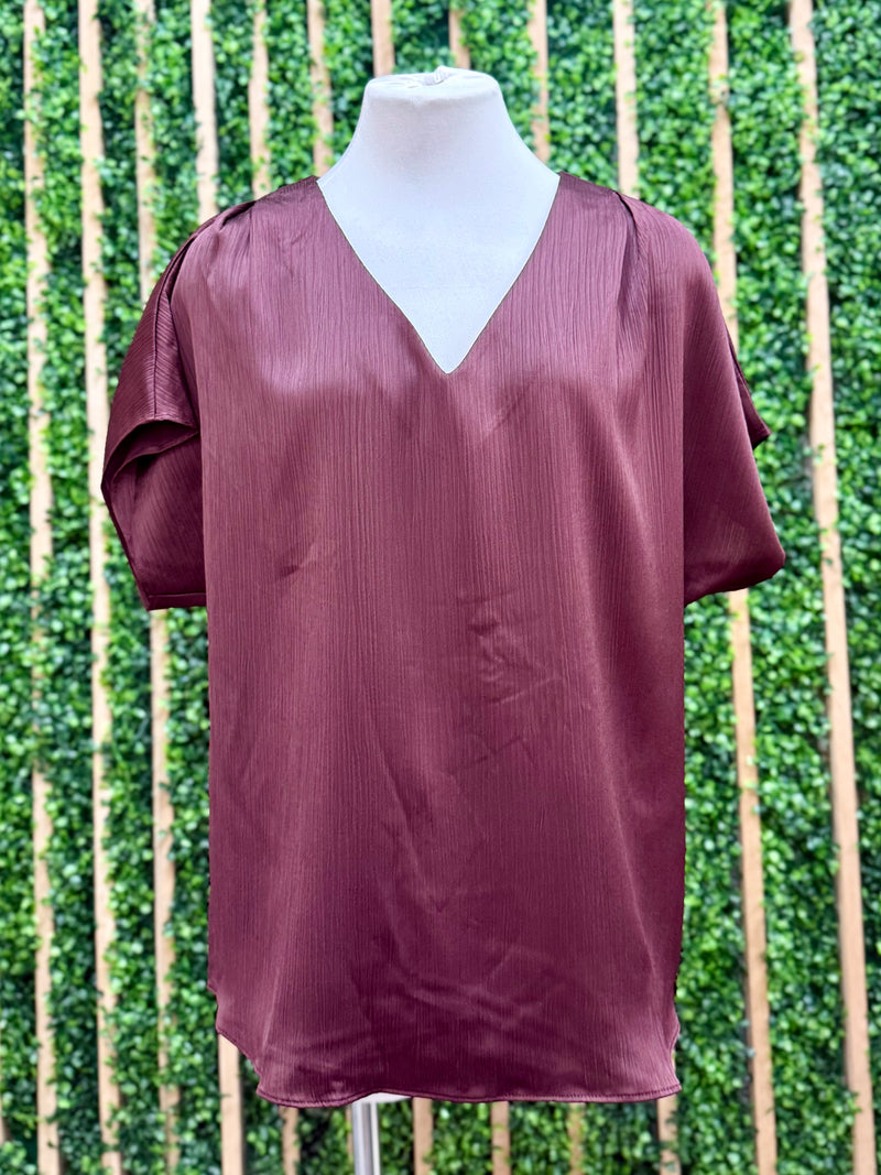 Crinkle Stain Pleated Cap Sleeve Blouse