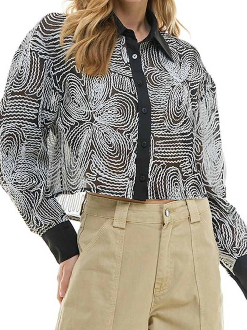 Black White Embroidered Organza Crop Blouse