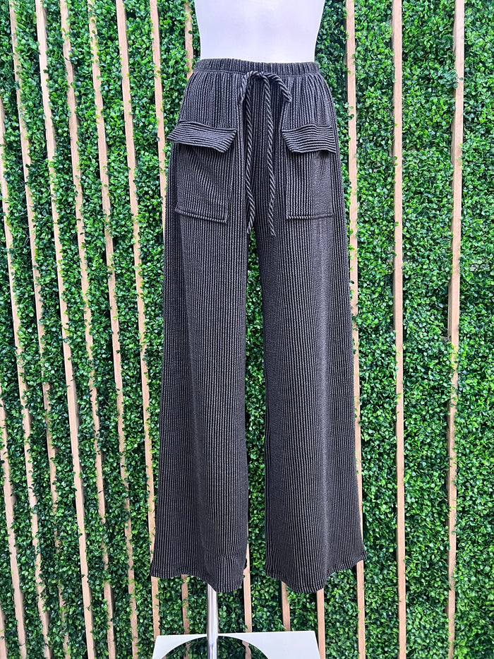 Charcoal Black Ribbed Loose Fit Crop Top Cargo Pant Set