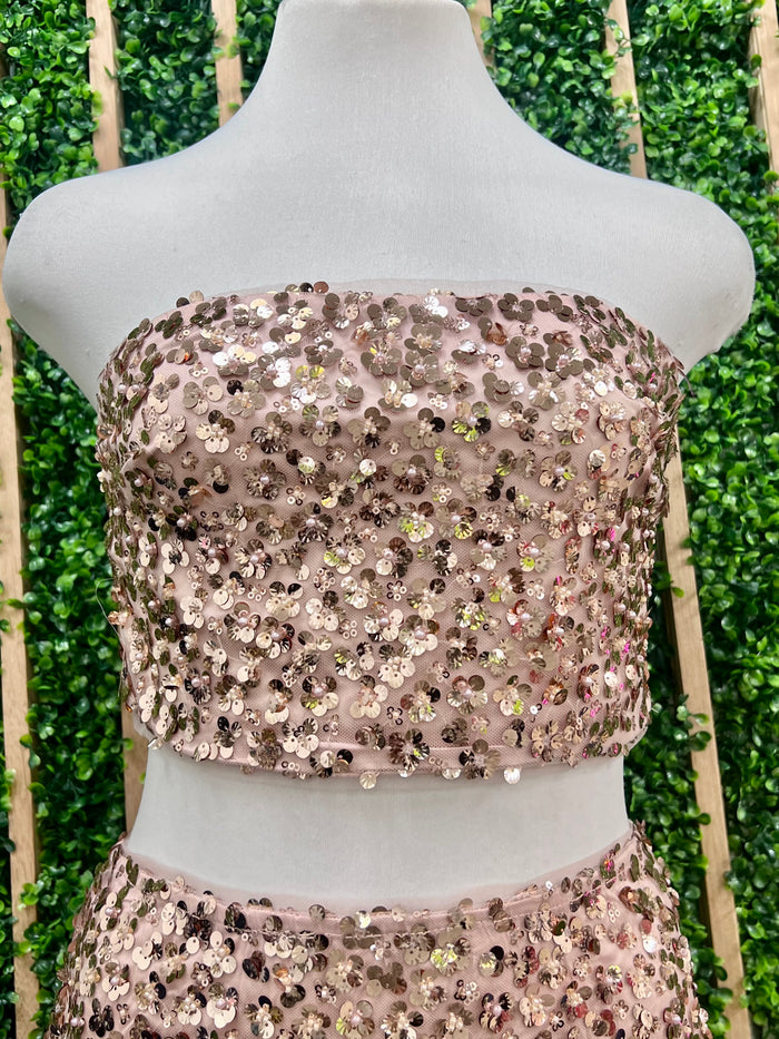 Rose Gold Floral Sequin Strapless Crop Top