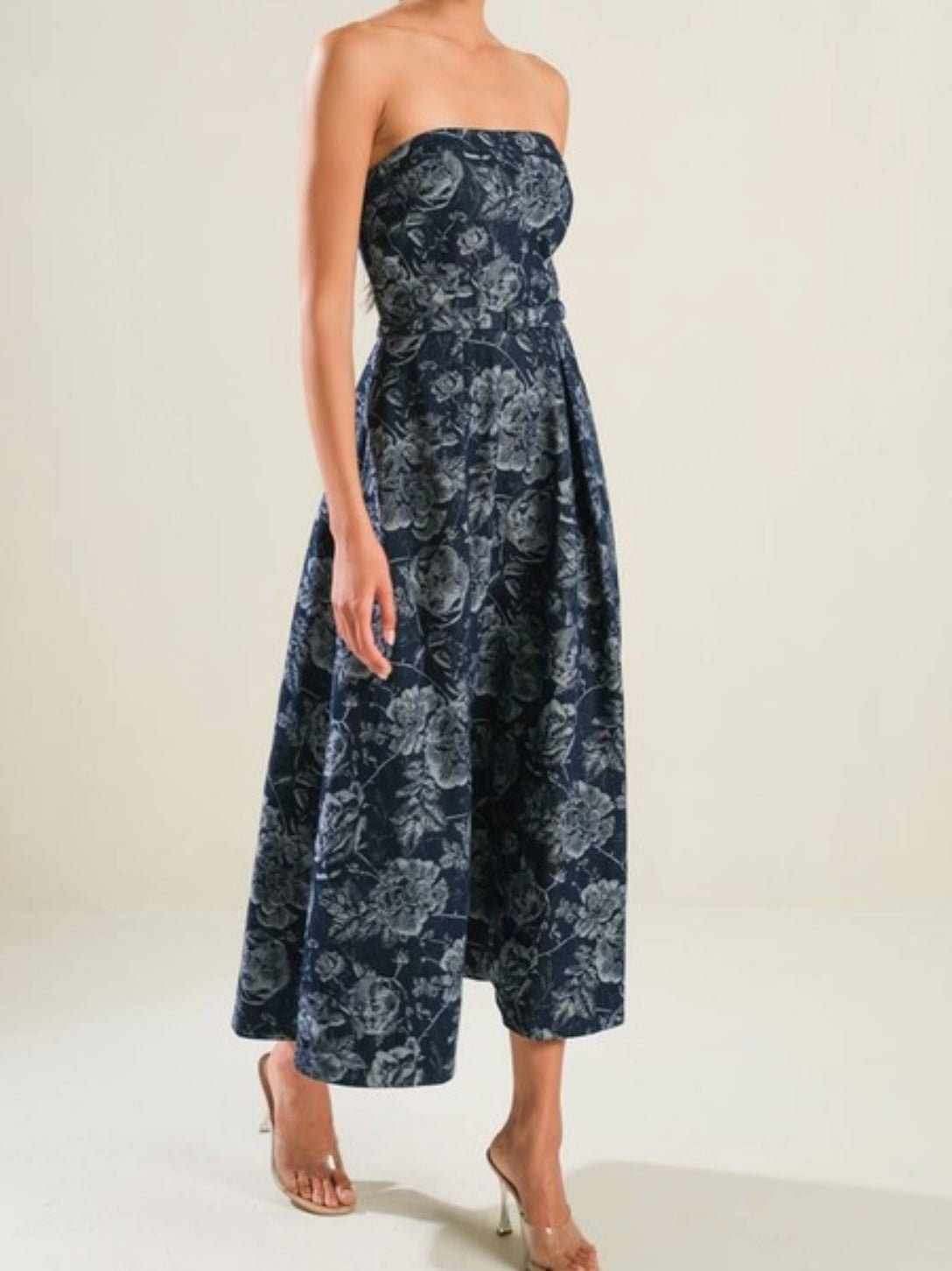 Denim Jacquard Strapless Midi Dress