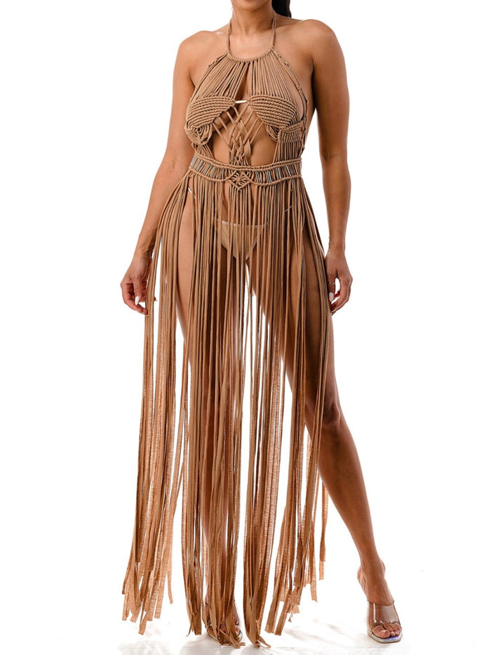 Mocha Gold Detail Fringe Coverup