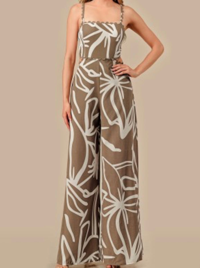 Beautiful Abstract Floral Cutout Mocha Jumpsuit