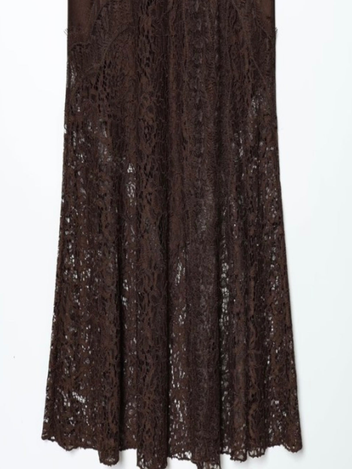 Brown Lace Detail Satin Midi Skirt