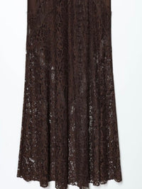 Brown Lace Detail Satin Midi Skirt