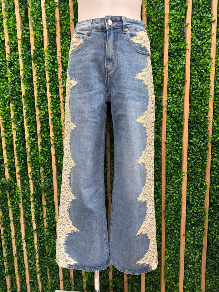 Lace Detail Wide Leg Jeans