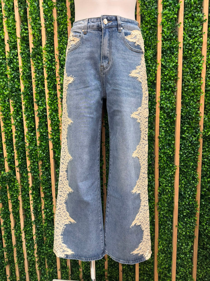 Lace Detail Wide Leg Jeans